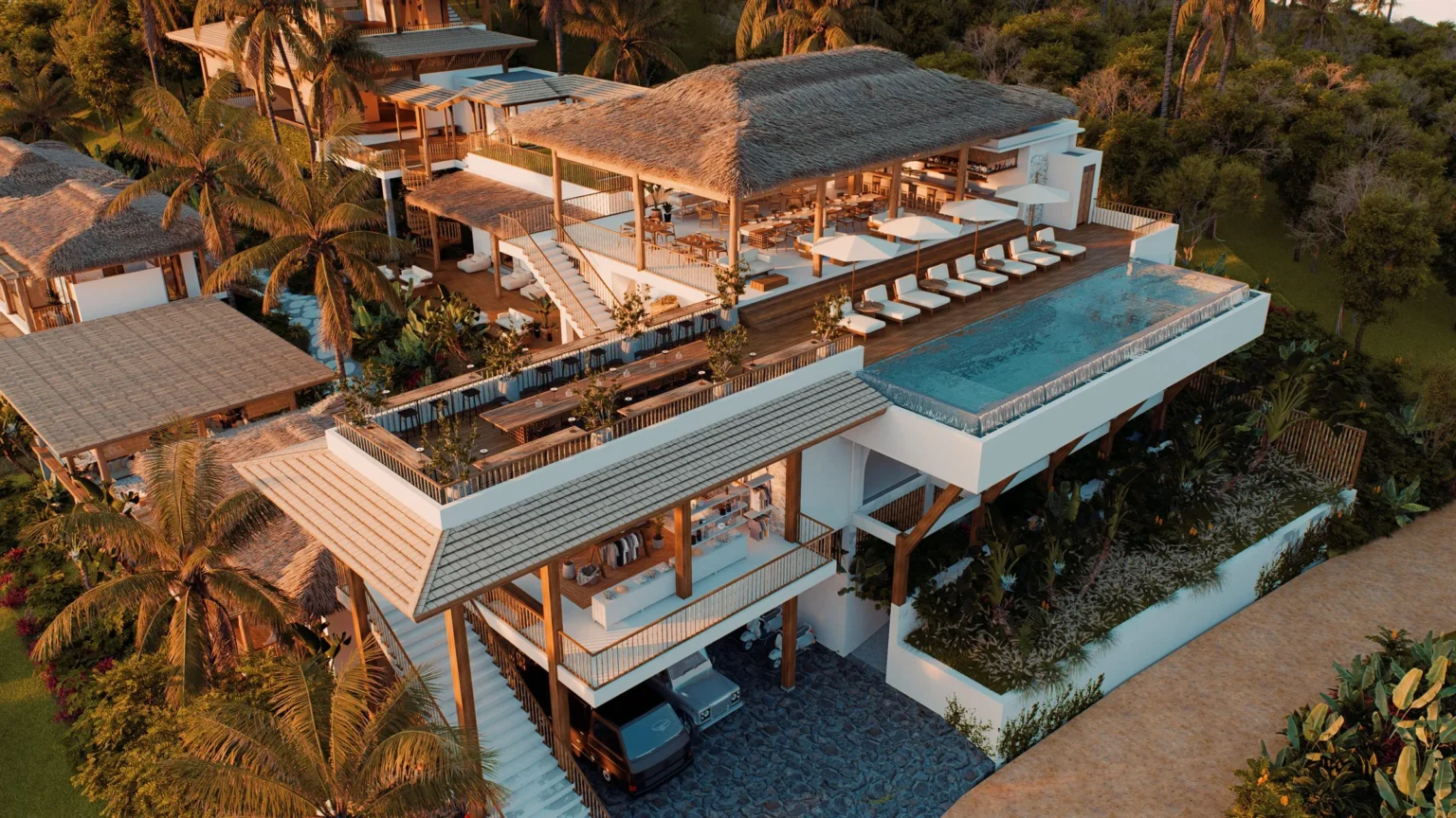 Restaurant and pool deck seen from above