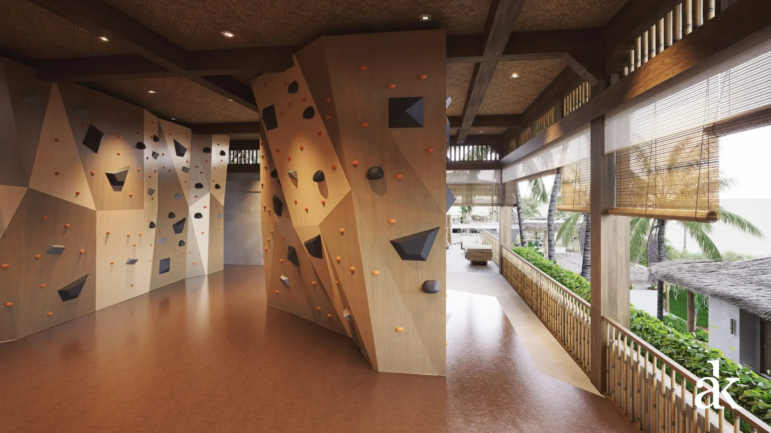 Open-air climbing gym with bouldering walls