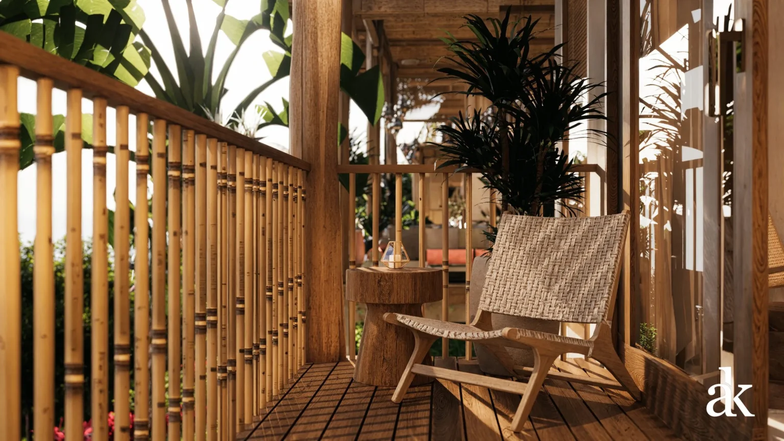 Private balcony with bamboo screen and lounge chair