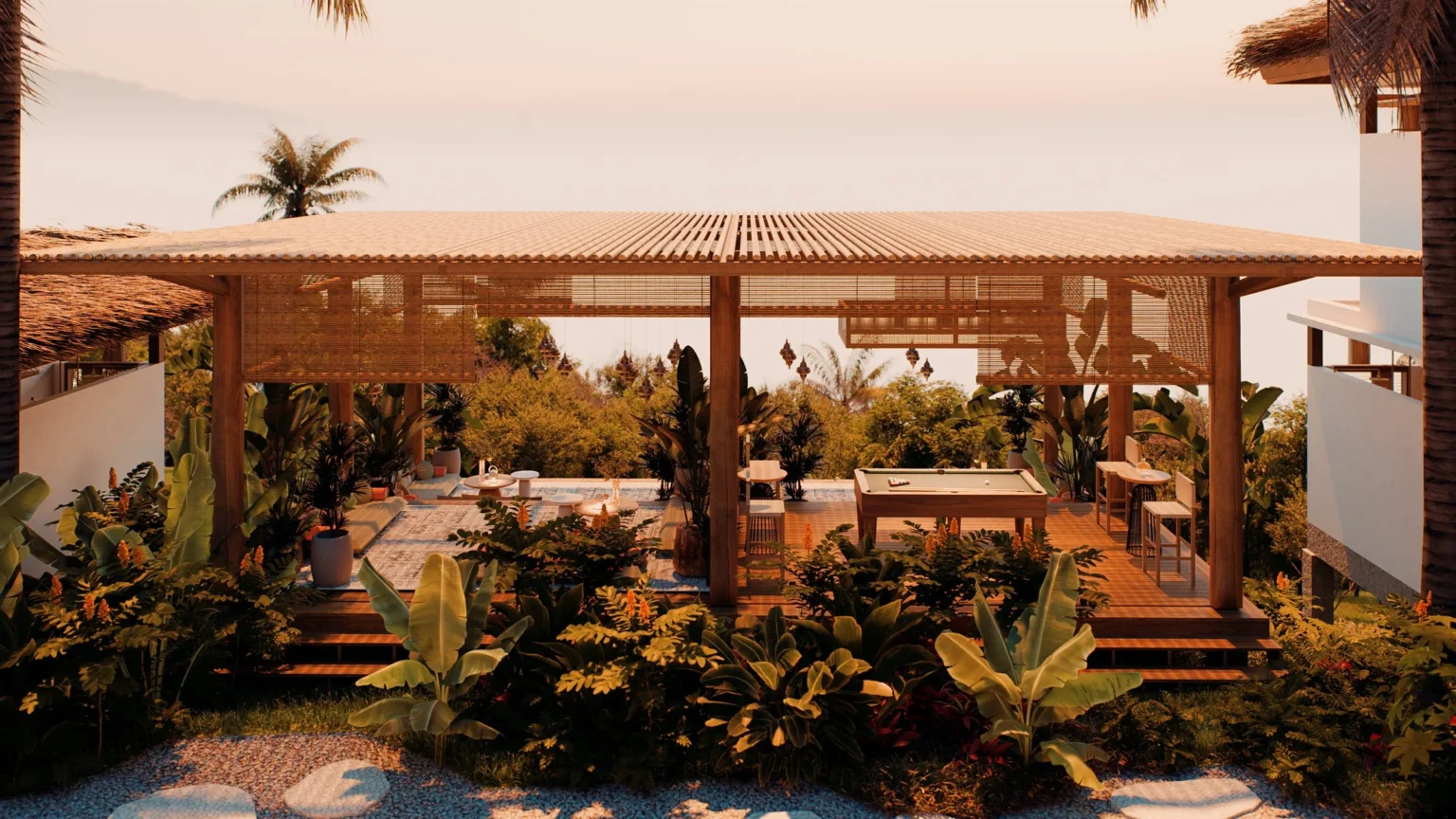 Shaded lounge surrounded by plants