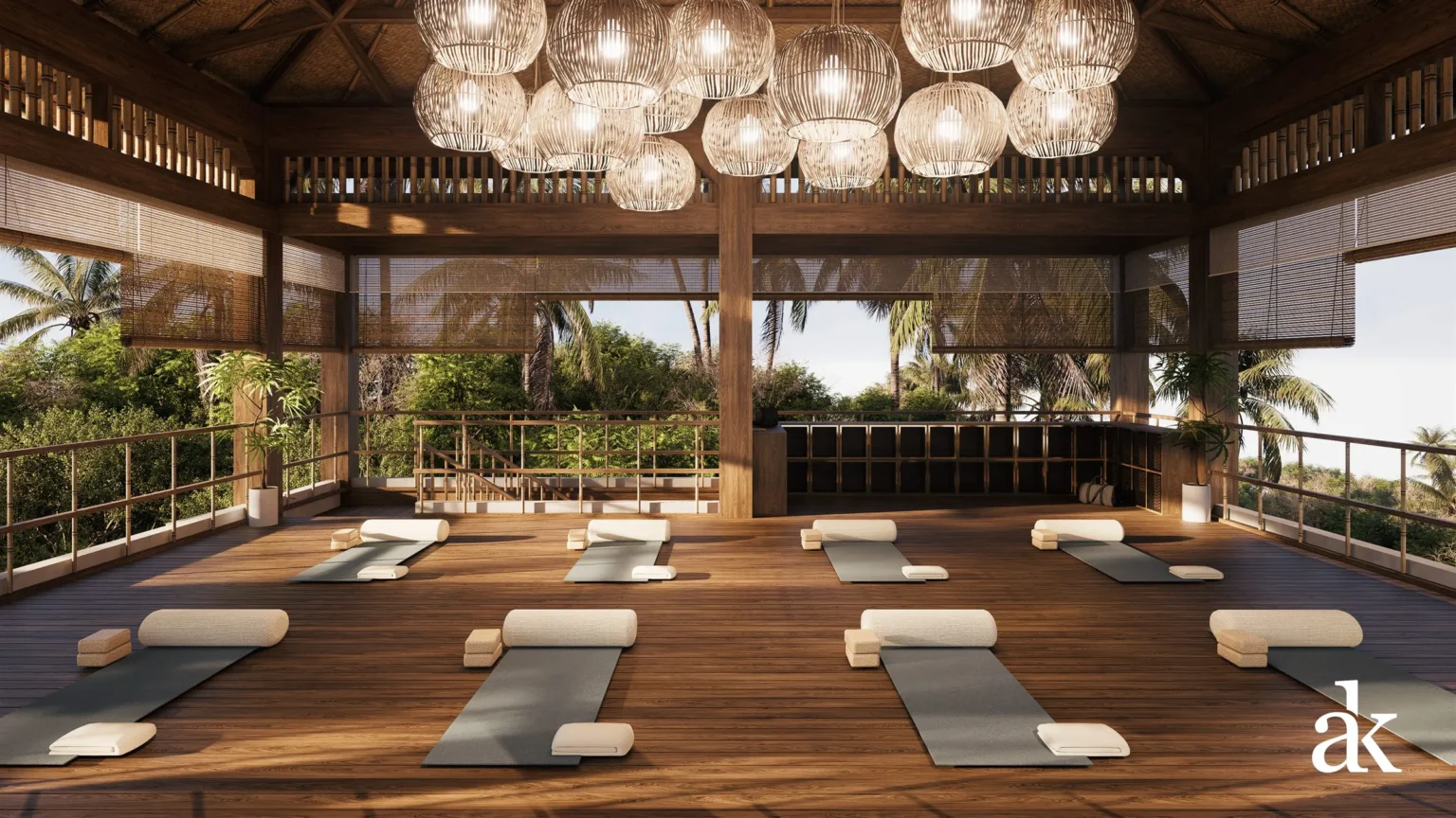 Yoga pavilion with rattan lamps